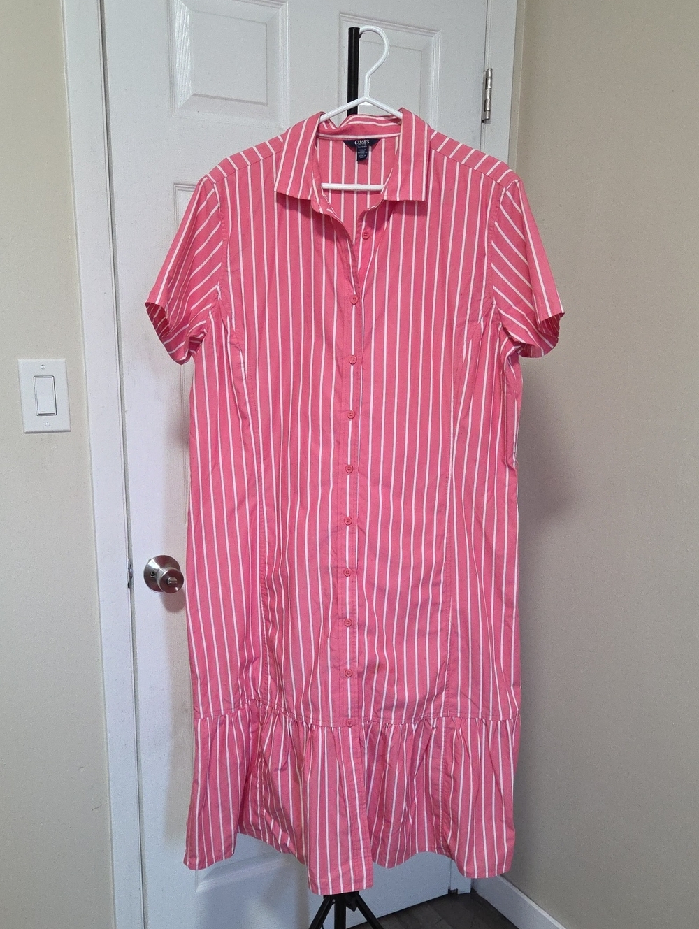 Chaps Pink and White Striped Button-Front Shirt Dress